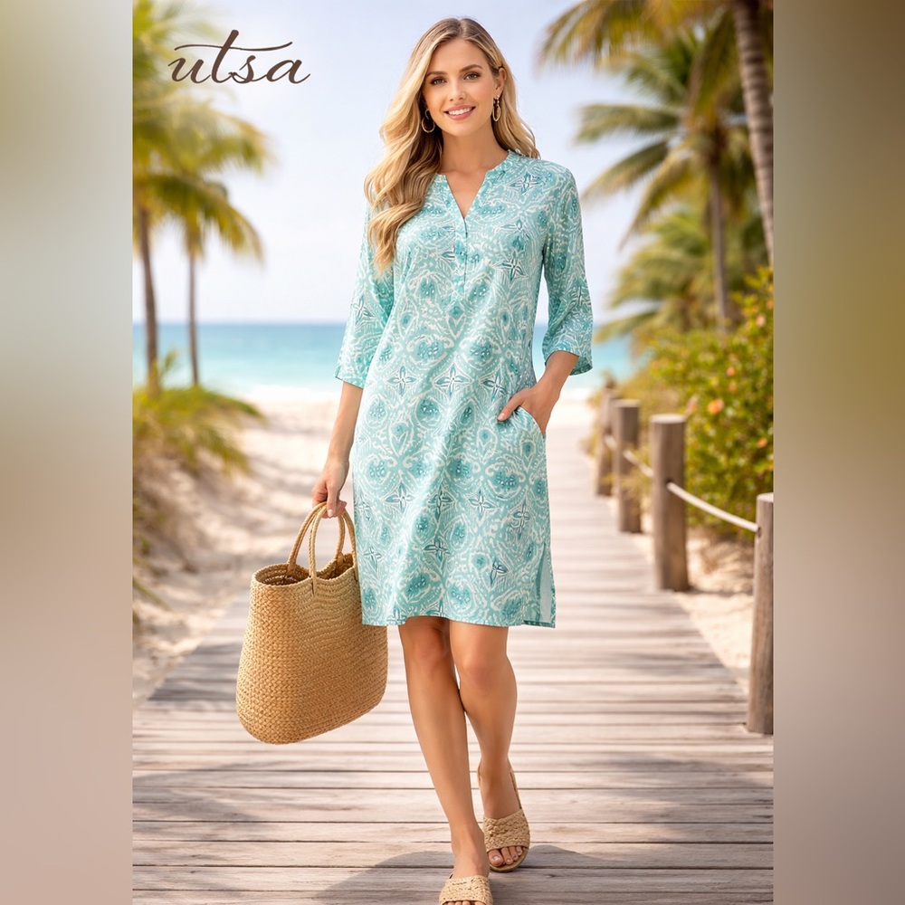 Utsa,Ikat Cotton Tunic/Dress,Resort Beach Cover-Up,Lightweight Vacation,Size M